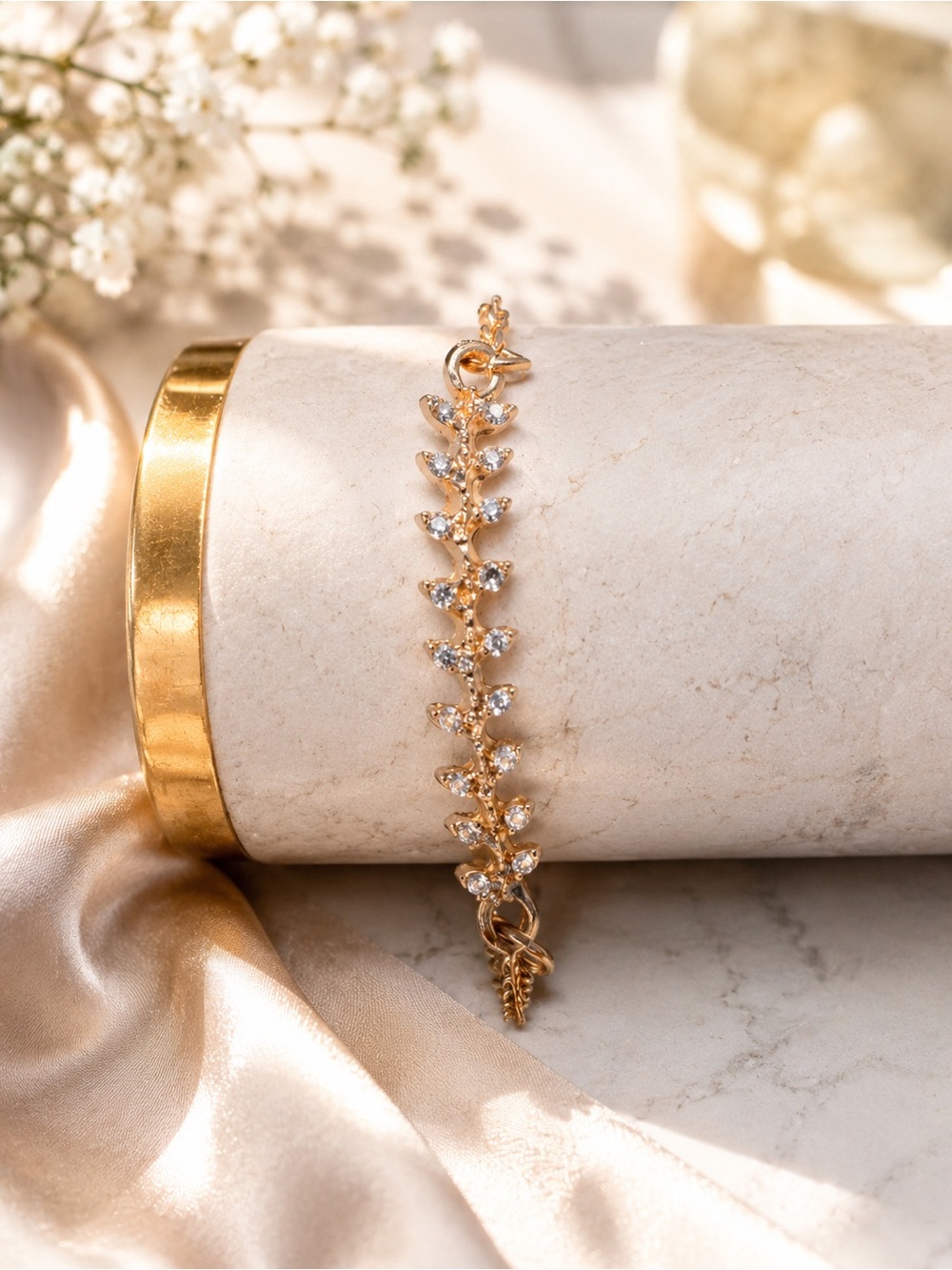 Gold-Tone Leaf Crystal Bracelet - Elegant Women's Jewelry